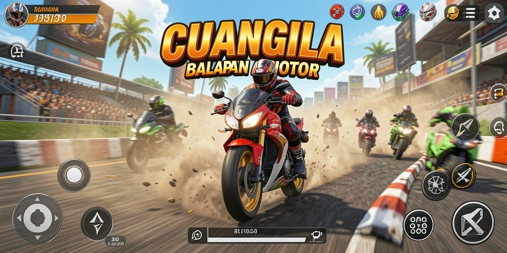 Screenshot gameplay CUANGILA yang menunjukkan aksi balapan motor yang mendebarkan.