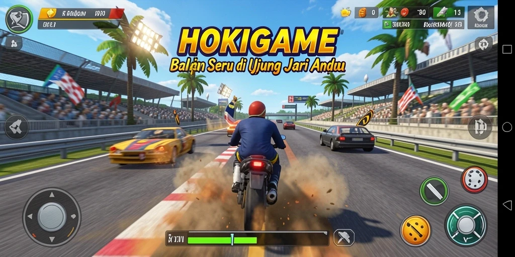 Tampilan gameplay HOKIGAME yang mendebarkan saat balapan.