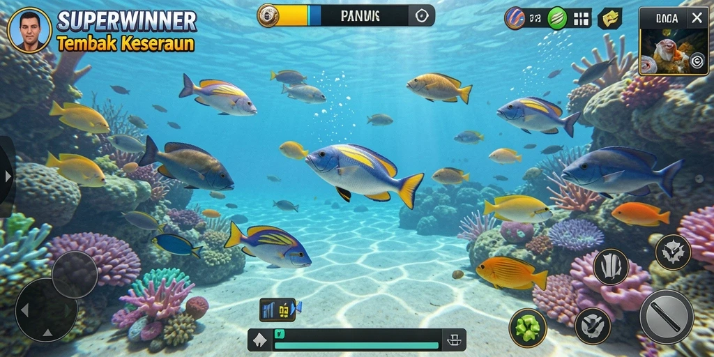 Tampilan gameplay menakjubkan dalam SUPERWINNER saat menembak ikan.