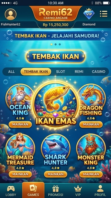 Tampilan utama aplikasi remi62 dengan navigasi intuitif.